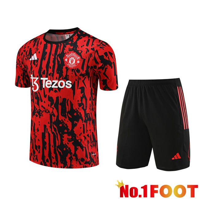 Manchester United Training T Shirt + Shorts Black Red 2023/2024