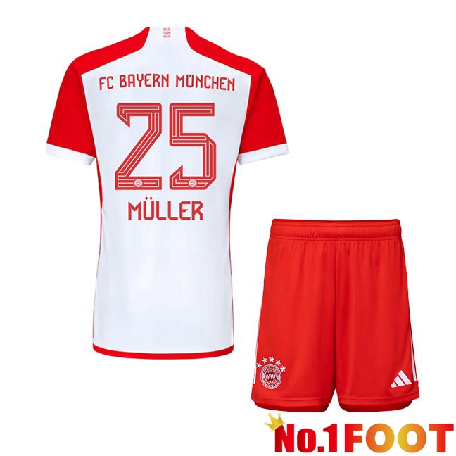 Bayern Munich (Müller 25) Kids Home Football Jersey White Red 2023/2024