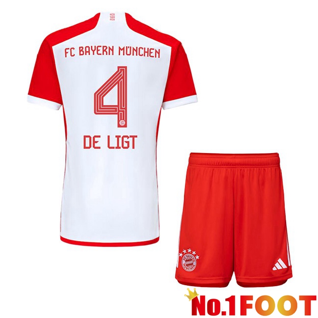 Bayern Munich (de Ligt 4) Kids Home Football Jersey White Red 2023/2024