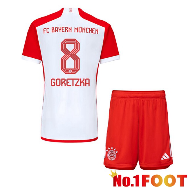 Bayern Munich (Goretzka 8) Kids Home Football Jersey White Red 2023/2024