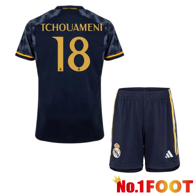 Real Madrid (Tchouameni 18) Kids Away Football Jersey Blue Royal 2023/2024