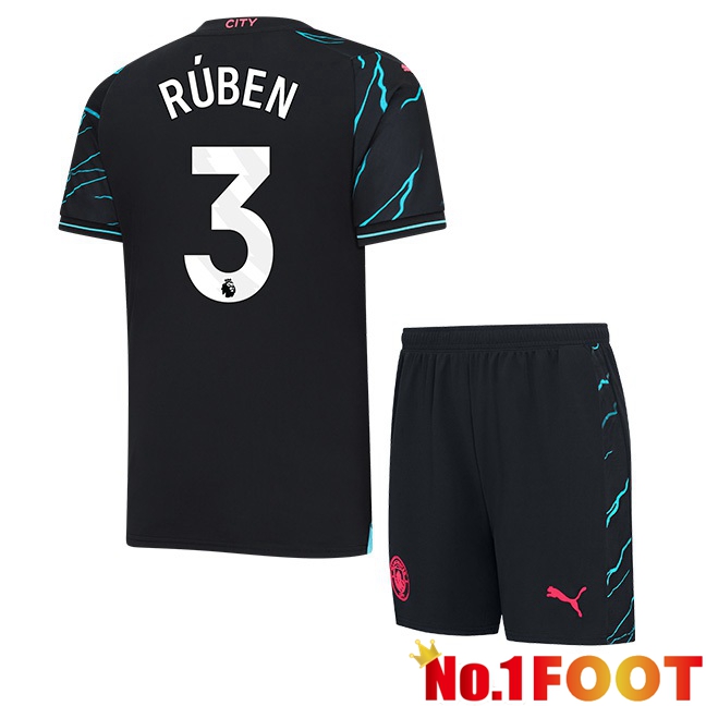 Manchester City (Ruben Dias 3) Kids Third Football Jersey Blue Black 2023/2024