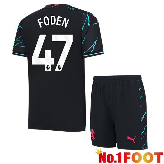 Manchester City (Phil Foden 47) Kids Third Football Jersey Blue Black 2023/2024