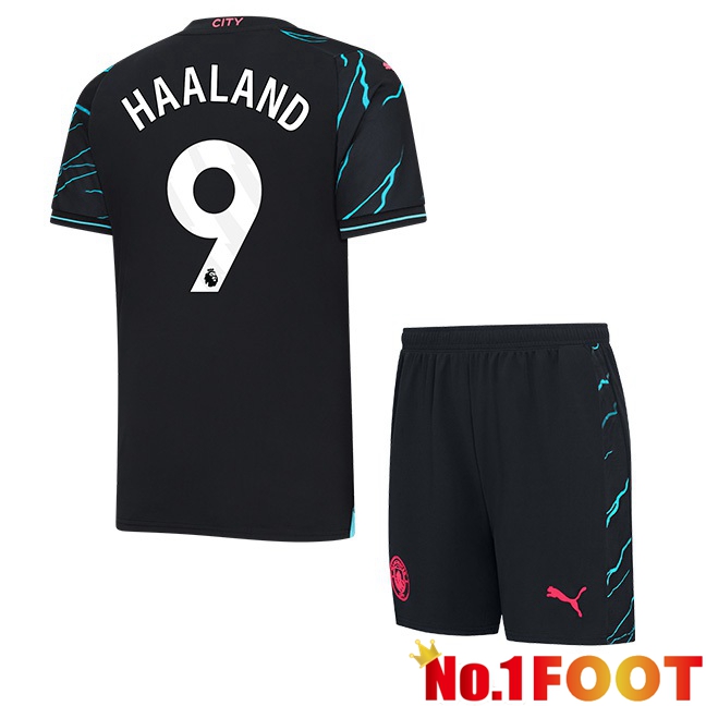 Manchester City (Erling Haaland 9) Kids Third Football Jersey Blue Black 2023/2024