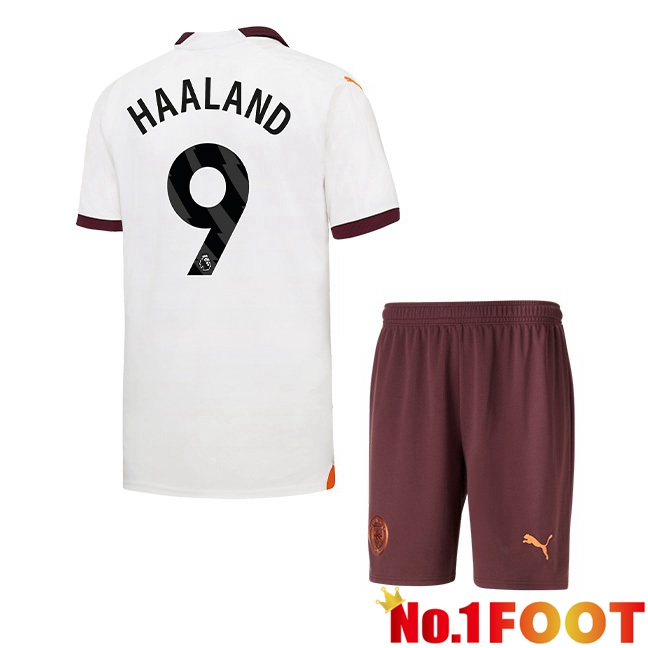 Manchester City (Erling Haaland 9) Kids Away Football Jersey White 2023/2024