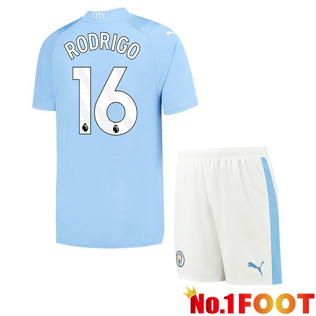 Manchester City (Rodrigo 16) Kids Home Football Jersey Blue 2023/2024