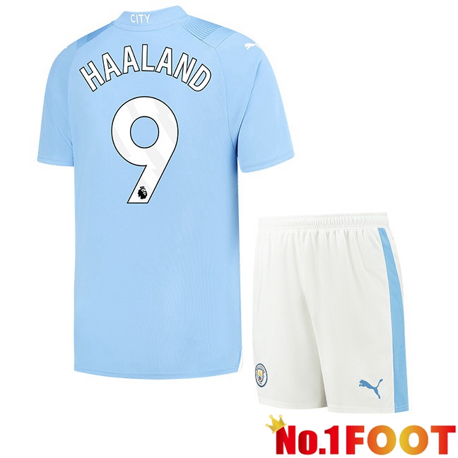 Manchester City (Erling Haaland 9) Kids Home Football Jersey Blue 2023/2024