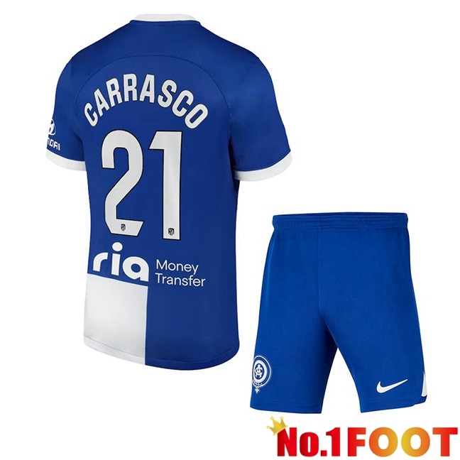 Atletico Madrid (Carrasco 21) Kids Away Football Jersey Blue 2023/2024