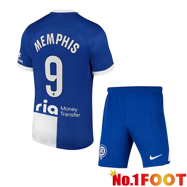 Atletico Madrid (Memphis 9) Kids Away Football Jersey Blue 2023/2024