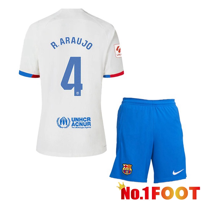 FC Barcelona (R. ARAUJO 4) Kids Away Football Jersey White 2023/2024