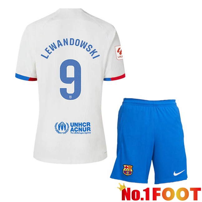 FC Barcelona (LEWANDOWSKI 9) Kids Away Football Jersey White 2023/2024