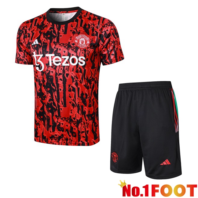 Manchester United Training T Shirt + Shorts Red Black 2023/2024