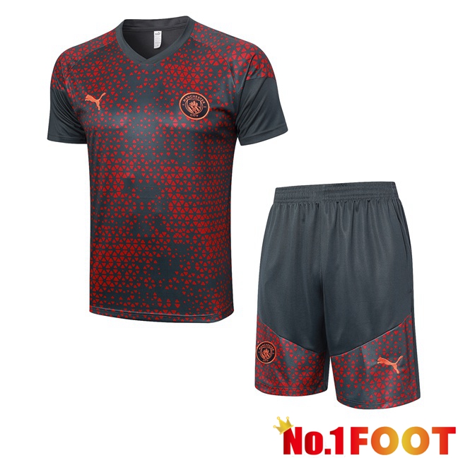 Manchester City Training T Shirt + Shorts Red Grey 2023/2024