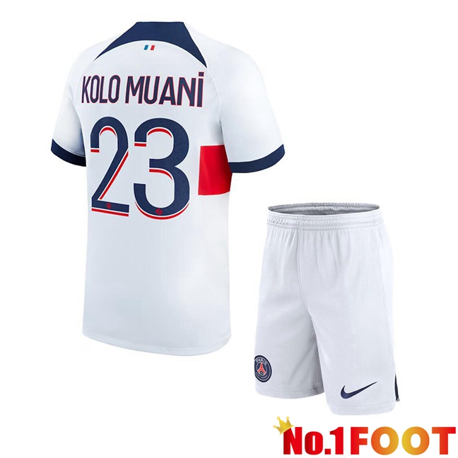 Paris PSG (Kolo Muani 23) Kids Soccer Jersey Away White 2023/2024