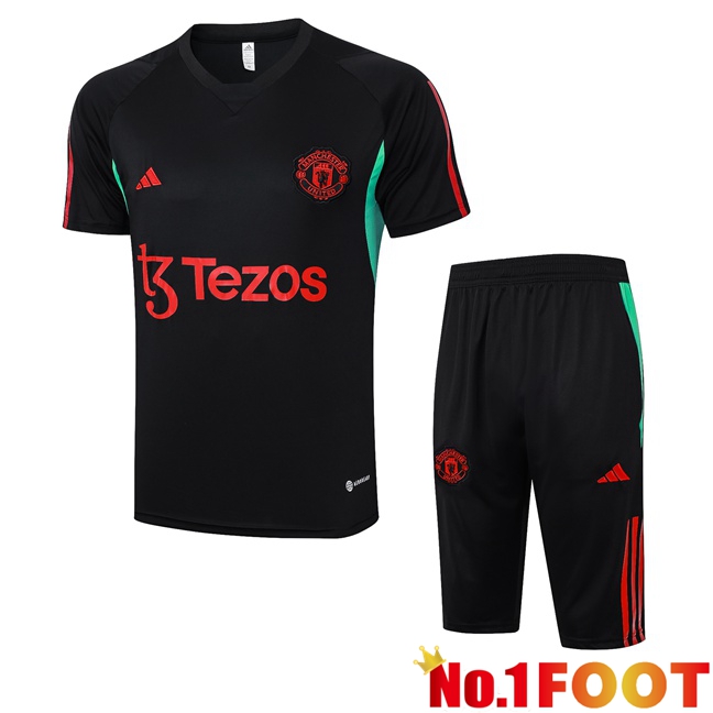 Manchester United Training T Shirt + Shorts Black Red 2023/2024