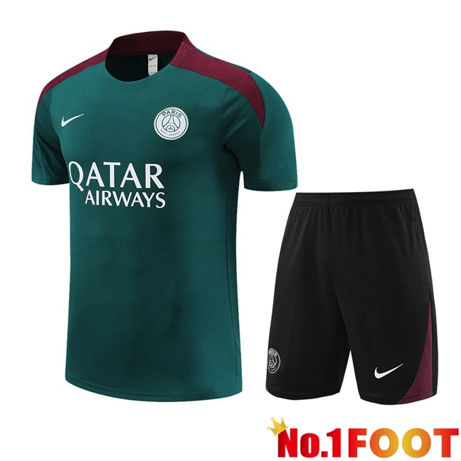 Paris PSG Training T Shirt + Shorts Green 2023/2024