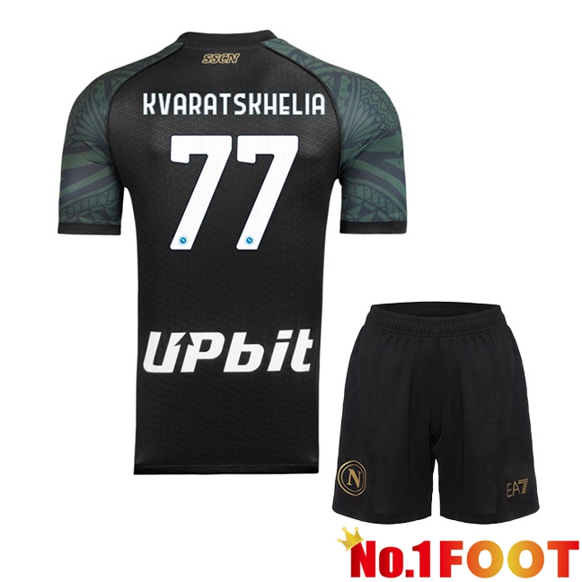 SSC Napoli (Khvicha Kvaratskhelia 77) Kids Soccer Jersey Third Black 2023/2024