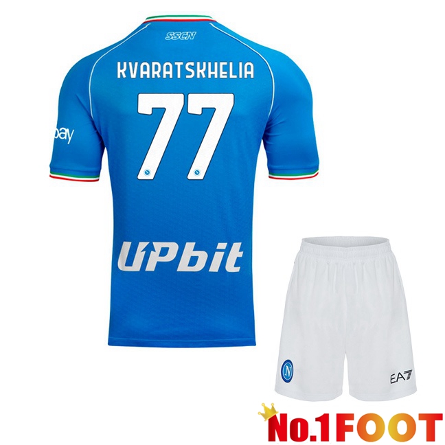 SSC Napoli (Khvicha Kvaratskhelia 77) Kids Soccer Jersey Home Blue 2023/2024