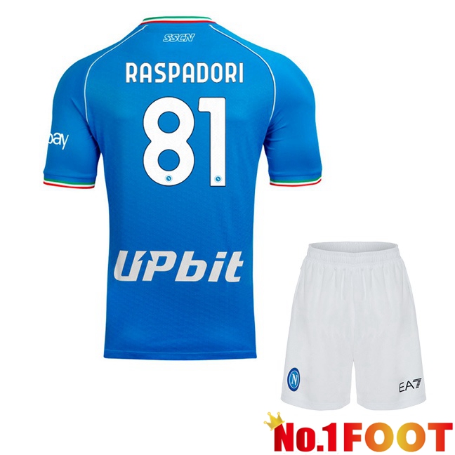 SSC Napoli (Giacomo Raspadori 81) Kids Soccer Jersey Home Blue 2023/2024