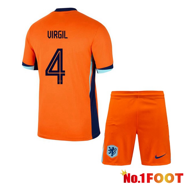 Netherlands (VIRGIL 4) Kids Home Soccer Jersey Orange 2024/2025