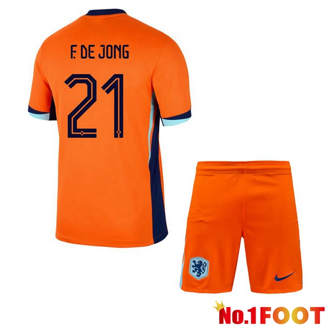 Netherlands (F. DE JONG 21) Kids Home Soccer Jersey Orange 2024/2025