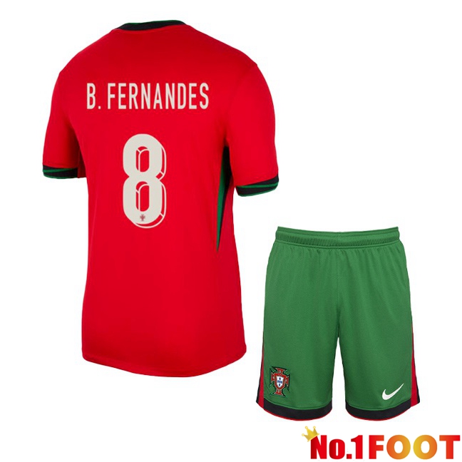 Portugal (B. FERNANDES 8) Kids Home Soccer Jersey Red 2024/2025