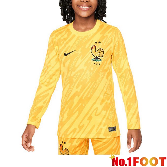 France Kids Goalkeeper Soccer Jersey Long Sleeve Yellow UEFA Euro 2024