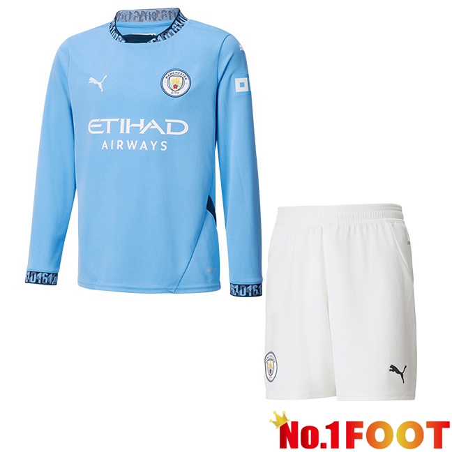 Manchester City Kids Home Soccer Jersey Long sleeve Blue 2024/2025