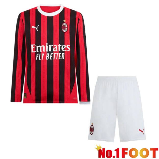 AC Milan Kids Home Soccer Jersey Long sleeve Red Black 2024/2025