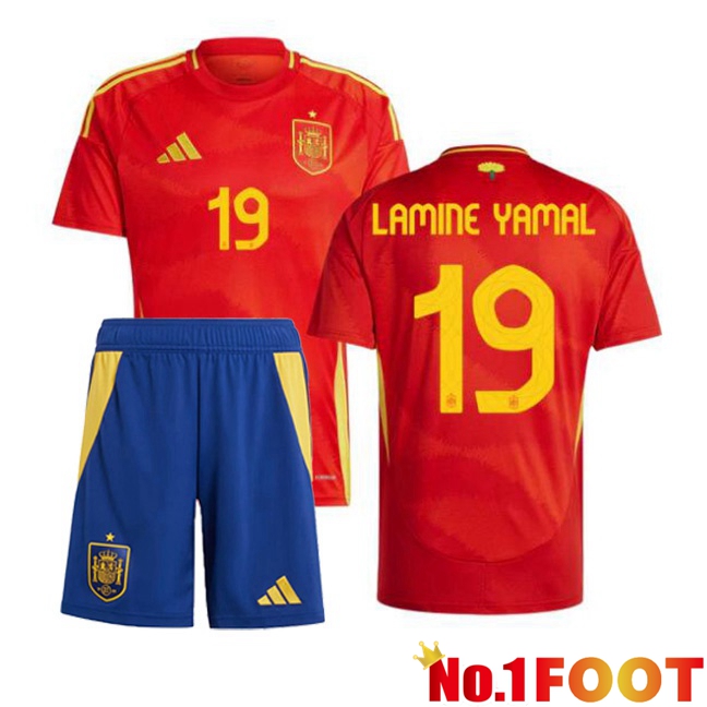 Spain (LAMINE YAMAL 19) Kids Home Soccer Jersey Red 2024/2025