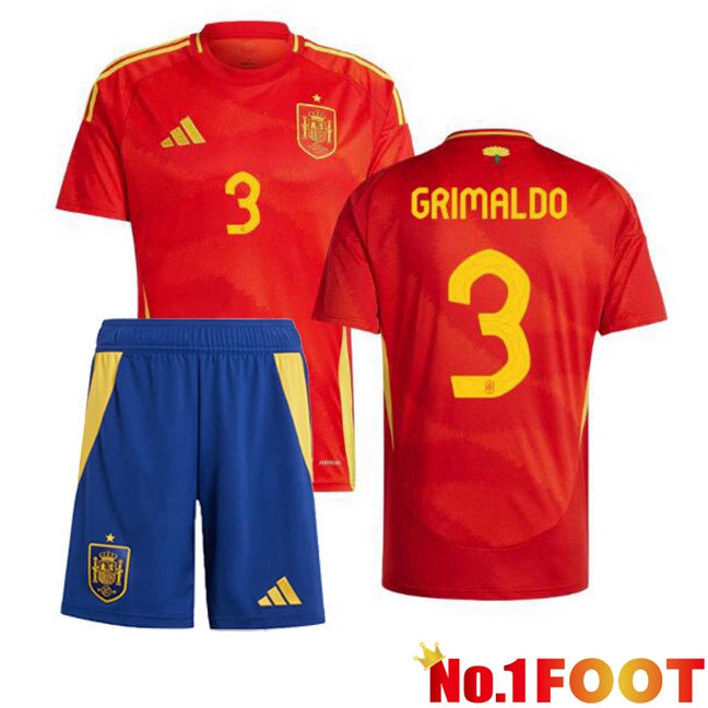 Spain (GRIMALDO 3) Kids Home Soccer Jersey Red 2024/2025