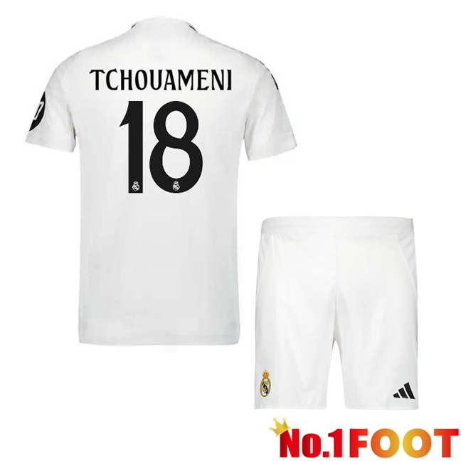 Real Madrid (Tchouameni 18) Kids Home Soccer Jersey White 2024/2025