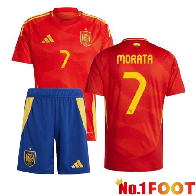 Spain (MORATA 7) Kids Home Soccer Jersey Red UEFA Euro 2024