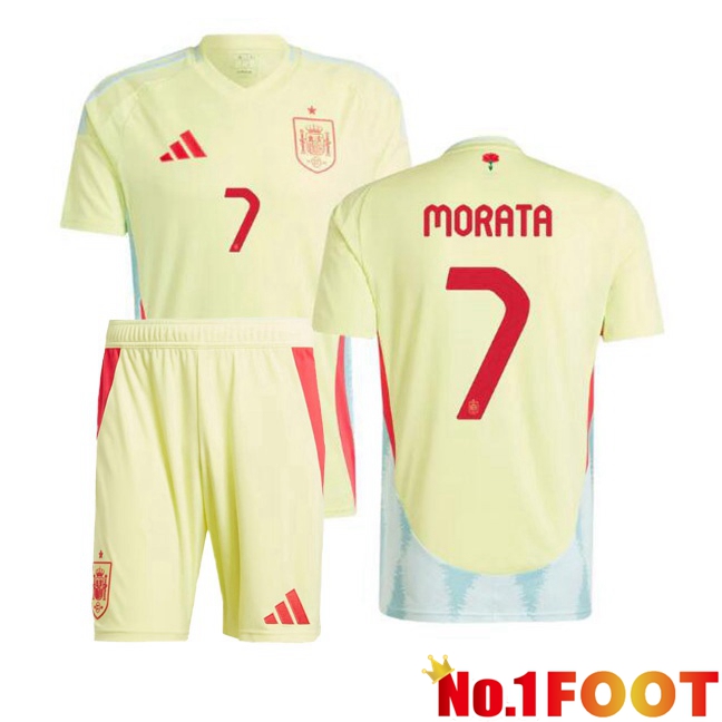 Spain (MORATA 7) Kids Away Soccer Jersey Yellow UEFA Euro 2024