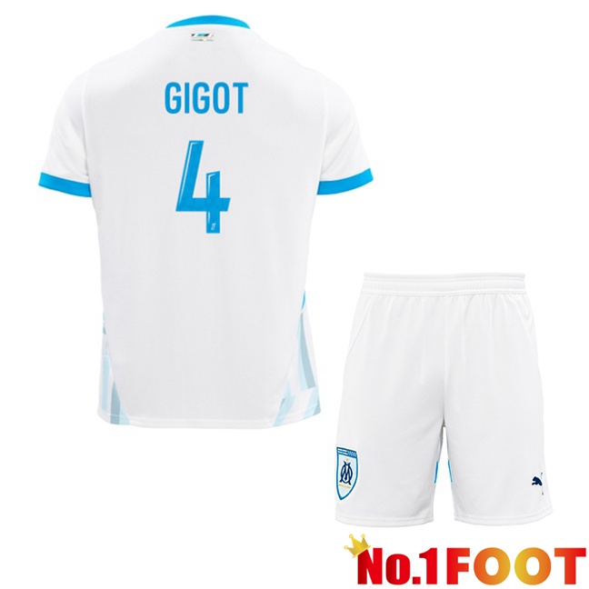 Marseille OM (GIGOT 4) Kids Home Soccer Jersey White 2024/2025