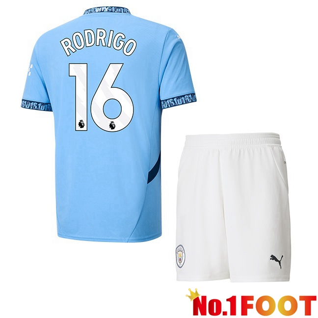 Manchester City (Rodrigo 16) Kids Home Soccer Jersey Blue 2024/2025