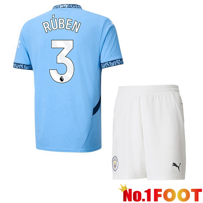 Manchester City (Ruben Dias 3) Kids Home Soccer Jersey Blue 2024/2025