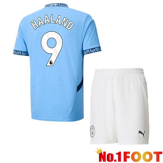 Manchester City (Erling Haaland 9) Kids Home Soccer Jersey Blue 2024/2025