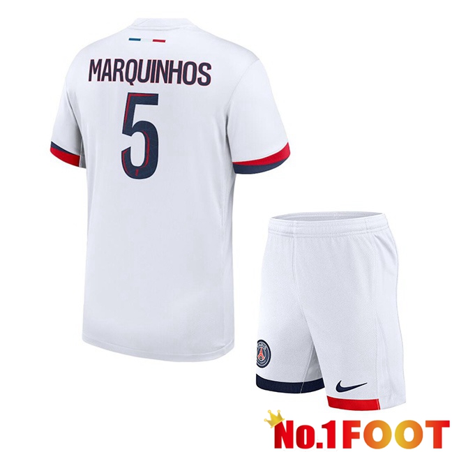 Paris PSG (Marquinhos 5) Kids Away Soccer Jersey White 2024/2025