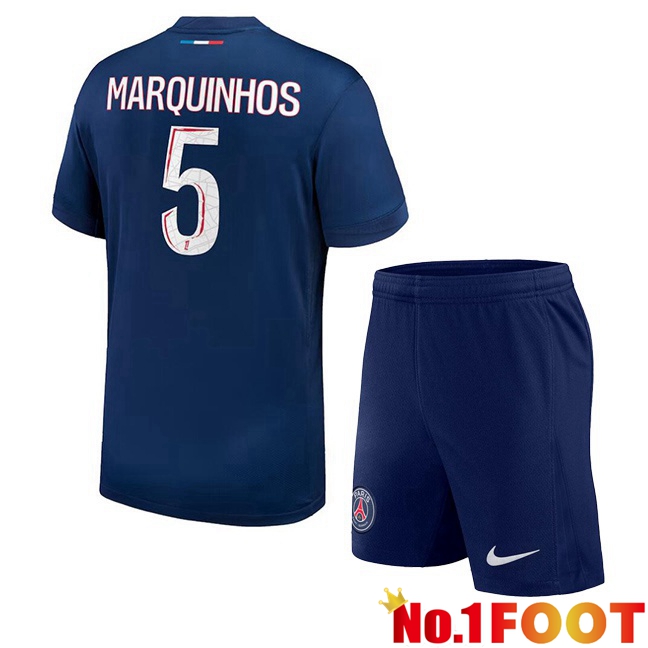 Paris PSG (Marquinhos 5) Kids Home Soccer Jersey Blue Royal 2024/2025