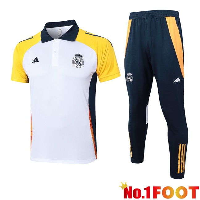 Real Madrid Soccer Polo + Training Pants White Yellow 2024/2025