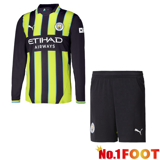 Manchester City Kids Away Soccer Jersey Long sleeve Green Black 2024/2025