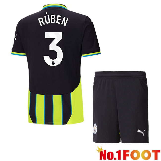 Manchester City (Ruben Dias 3) Kids Away Soccer Jersey Green Black 2024/2025