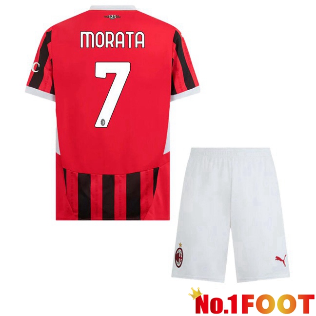 AC Milan (Morata 7) Kids Home Soccer Jersey Red Black 2024/2025