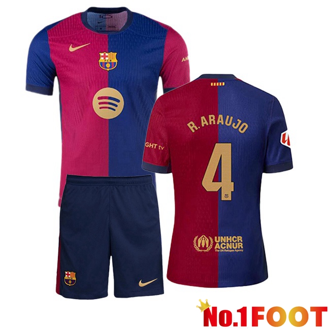 FC Barcelona (R. ARAUJO 4) Kids Home Soccer Jersey Blue Red 2024/2025