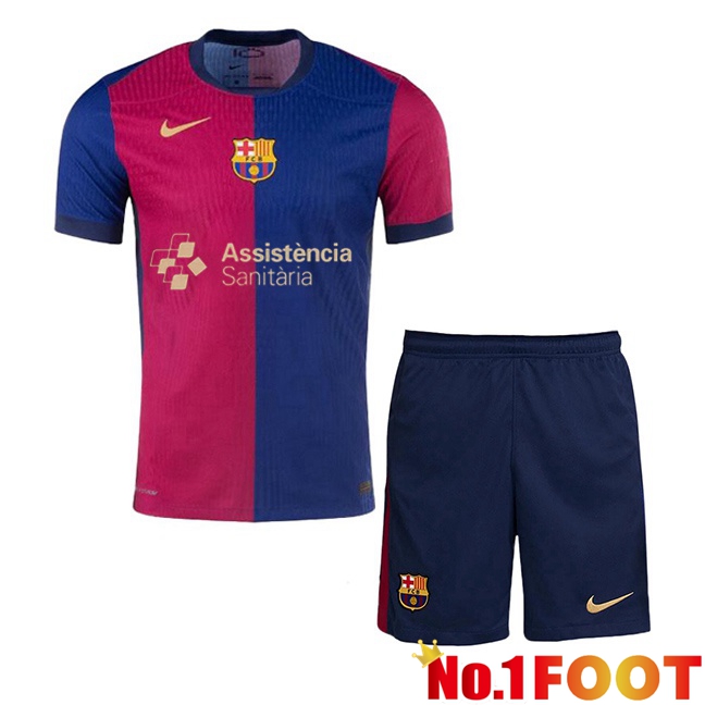 FC Barcelona Kids Home Soccer Jersey Assistència Sanitària Blue Red 2024/2025