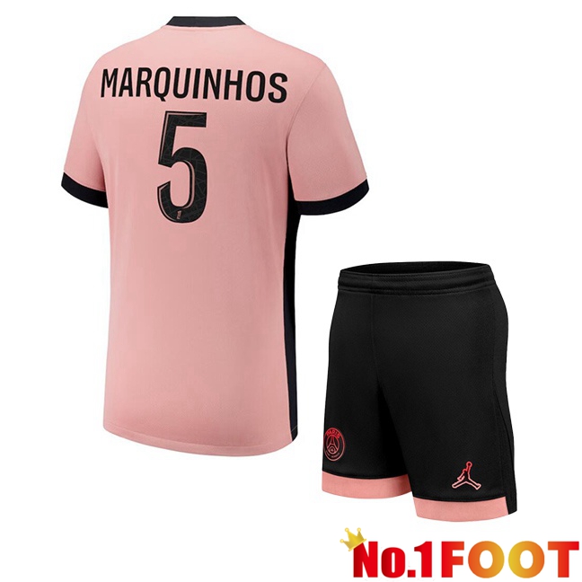 Paris PSG (Marquinhos 5) Kids Third Soccer Jersey Pink 2024/2025