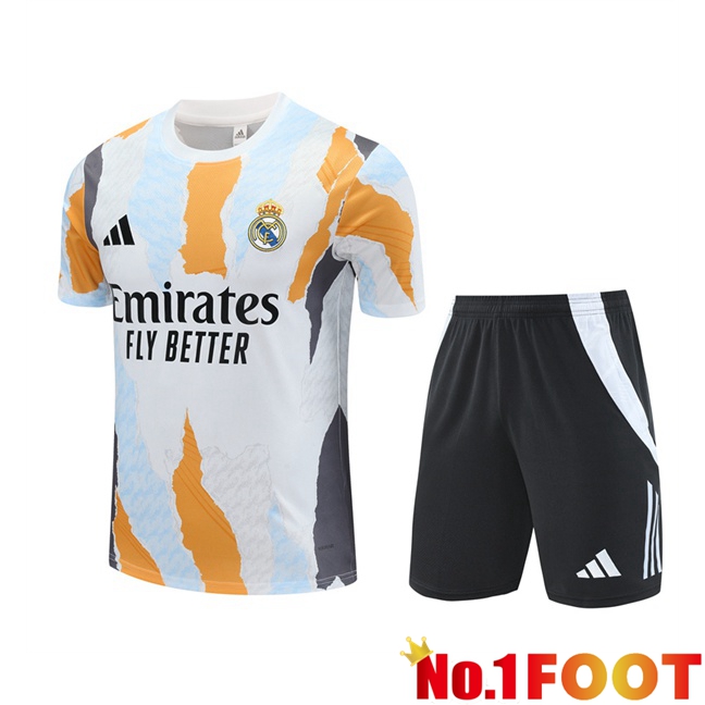 Real Madrid kit Training T Shirt + Shorts White Yellow 2025/2026