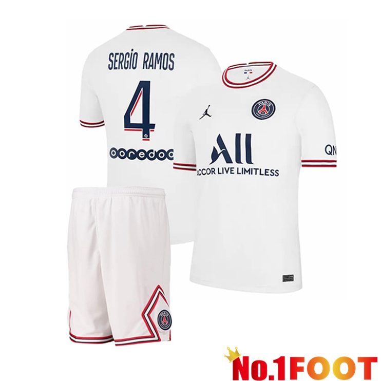 Jordan PSG (Sergio Ramos 4) Kids Fourth Jerseys White 2021-2022