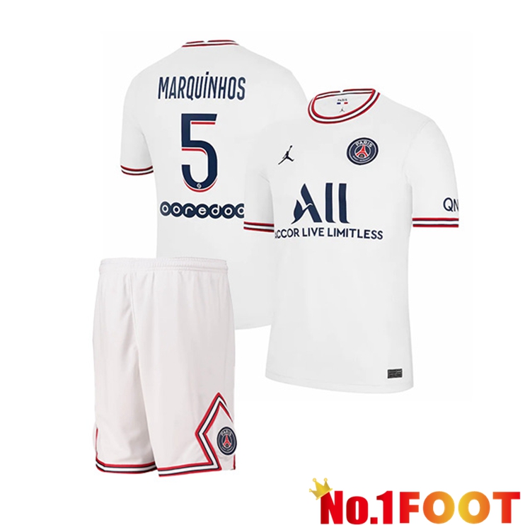 Jordan PSG (Marquinhos 5) Kids Fourth Jerseys White 2021-2022